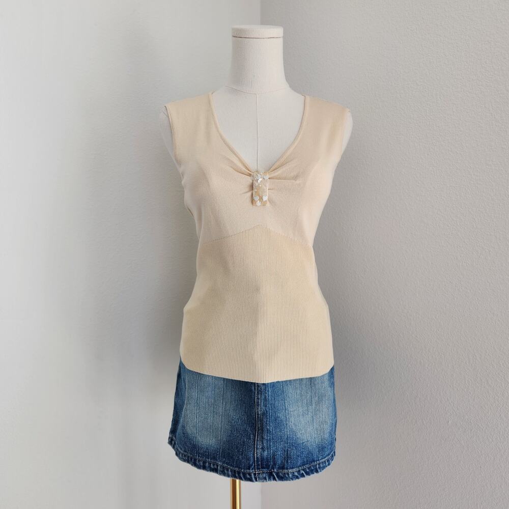 Y2K August Silk Beige Sleeveless Knit Tank Silk Blend Top Minimalist S